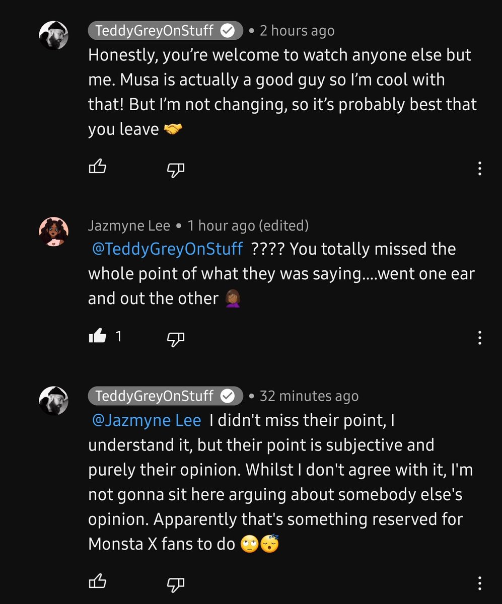 LUMI_MBB_STAY's tweet photo. As a Skz &amp; MX fan &amp; someone who thinks it's important to show respect to everyone even if I don't like the art they make. I will no longer be supporting Teddy Grey. Channie would be incredibly disappointed in his recent Jooheon reaction. This is his response to my comment on YT https://t.co/Fjafu8ndF3