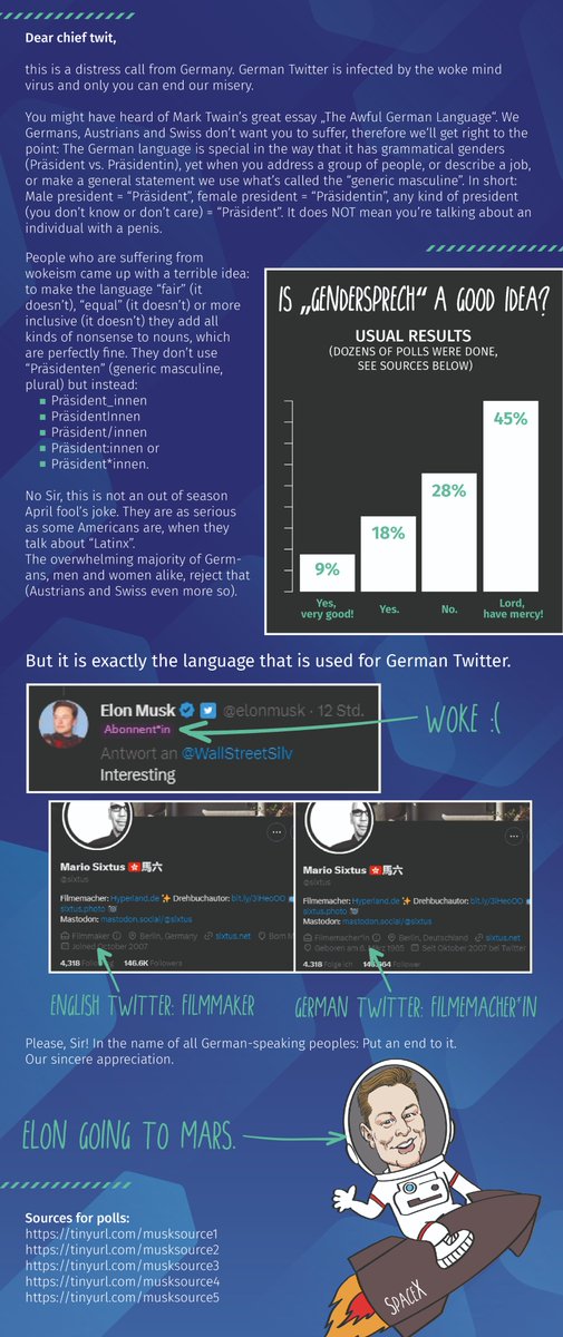 Dear <a href="/elonmusk/">Elon Musk</a> please take note of what's going on on german twitter. The woke mind virus took over.

#UnwokeGermanTwitter