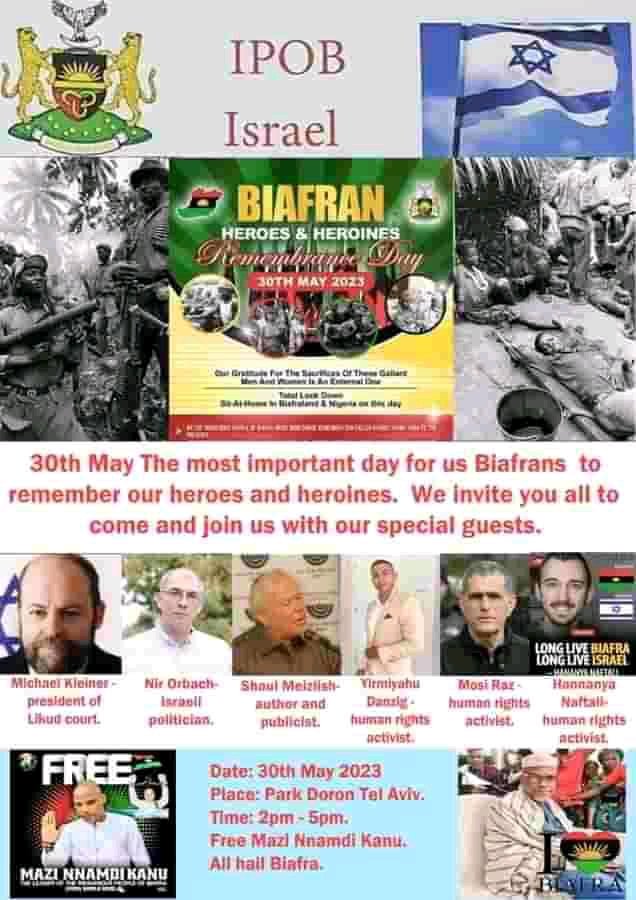IPOB Isreal to hold a memorial event on the Bịafra Heroes Remembrance day #MAY30TH in Isreal in conjunction with notable Isreali political  civil and human rights activists.

We must remember our heroes.
#BiafraHeroesDay @netanyahu @HananyaNaftali
@IsraelMFA @ipobis