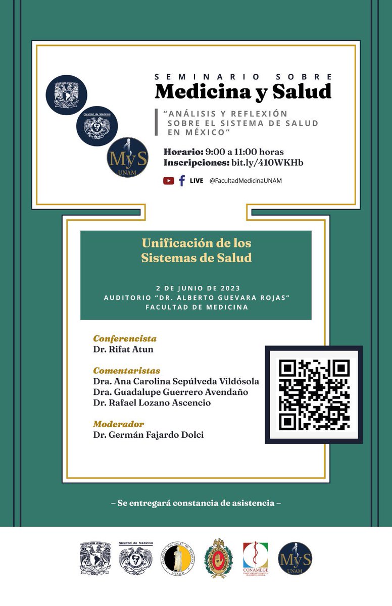Esta semana los esperamos en @FacMedicinaUNAM con la presencia de @RifatAtun de @HarvardChanECPE para hablar de “Unificación de los Sistemas de Salud” con los comentarios de @anacsepulveda_v @DrRafaelLozano y #GpeGuerrero.