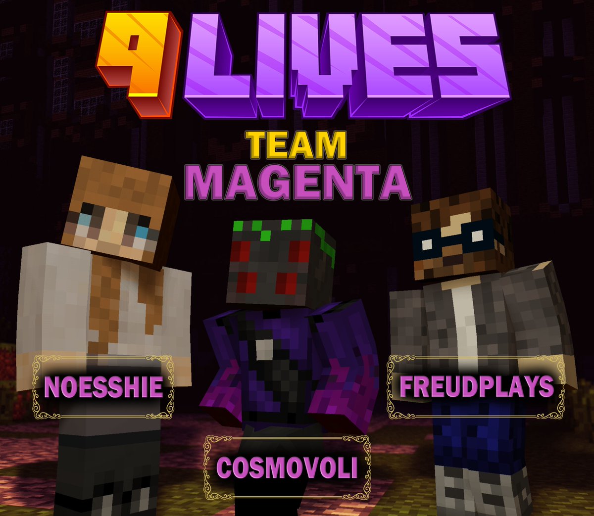 NineLivesSMP's tweet photo. Introducing Team Magenta!
@noesshiee 
@Cosmovoli 
@FreudPlays_ https://t.co/sShmUj0C8I