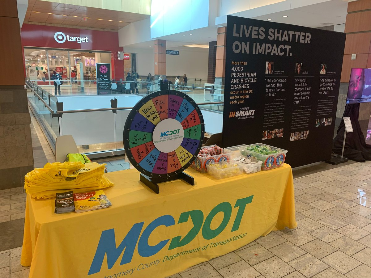 🚸TODAY🚸 The MCDOT #PedestrianSafety Team will be at the @COGStreetSmart Testimonial Wall in @WestfieldWHE (2nd level, outside of the @TMobile store) from 11AM – 7PM, to promote #pedestrian & #bike safety to the residents of @MontgomeryCoMD. #visionzero #weekend @VisionZeroMC