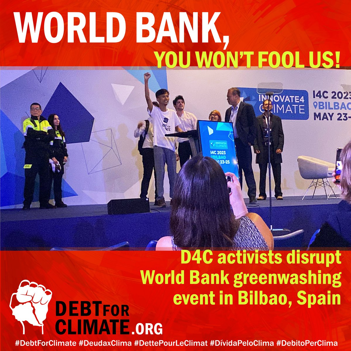 1/6 On Thursday,  #DebtforClimate activists disrupted the #Innovate4Climate conference of the #WorldBank in Bilbao and confronted WB's Director of Climate Change Affairs @JenniferJSara1 with the demand of #DebtCancellation for the Global South. 
#ClimateActionWBG #Greenwashing
👇