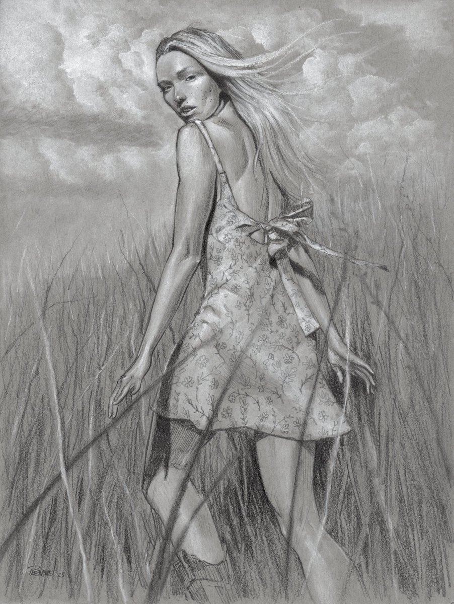 Did I post this one here?  Who cares. It’s nice enough to see it twice. The ref didn’t have clouds. I had fun filling them in by imagination. #mymuse #pencildrawing on gray @strathmoreart paper.