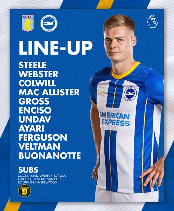 Albion's team graphic featuring Evan Ferguson:

Steele, Webster, Colwill, Mac Allister, Gross, Enciso, Undav, Ayari, Ferguson, Veltman, Buonanotte. Subs: McGill, Dunk, Welbeck, Mitoma, Caicedo, Gilmour, van Hecke, Estupinan, Hinshelwood. 

Come on Albion!