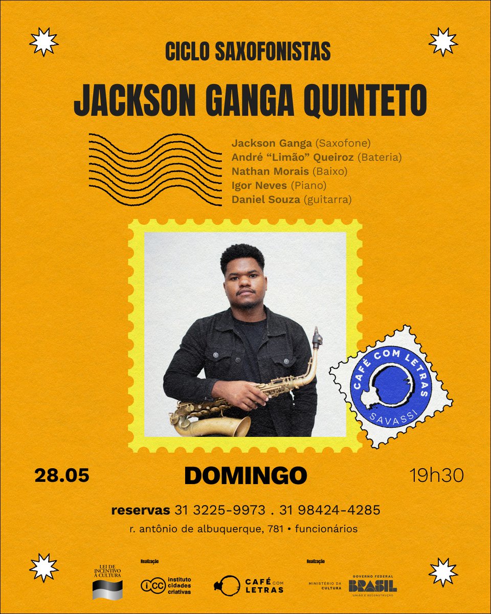 Bom dia e um ótimo domingo!

Hoje recebemos Jackson Ganga Quinteto às 19:30h. Jackson é saxofonista natural de Belo Horizonte e iniciou-se na música aos 7 anos na igreja. Aos 13 anos começou a trabalhar em Belo Horizonte e a se fixar como saxofonista no cenário da cidade.