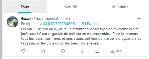 J'ai le droit à ce genre de tweet, après on vient dire que le RN n'est pas dangereux. Voilà ce que ça donne de mettre au pouvoir un parti fondé par des nazis. Cela n'est pas acceptable !
#AvecLaNUPES #FollowBackNUPES #NUPES
#SiamoTuttiAntifascisti