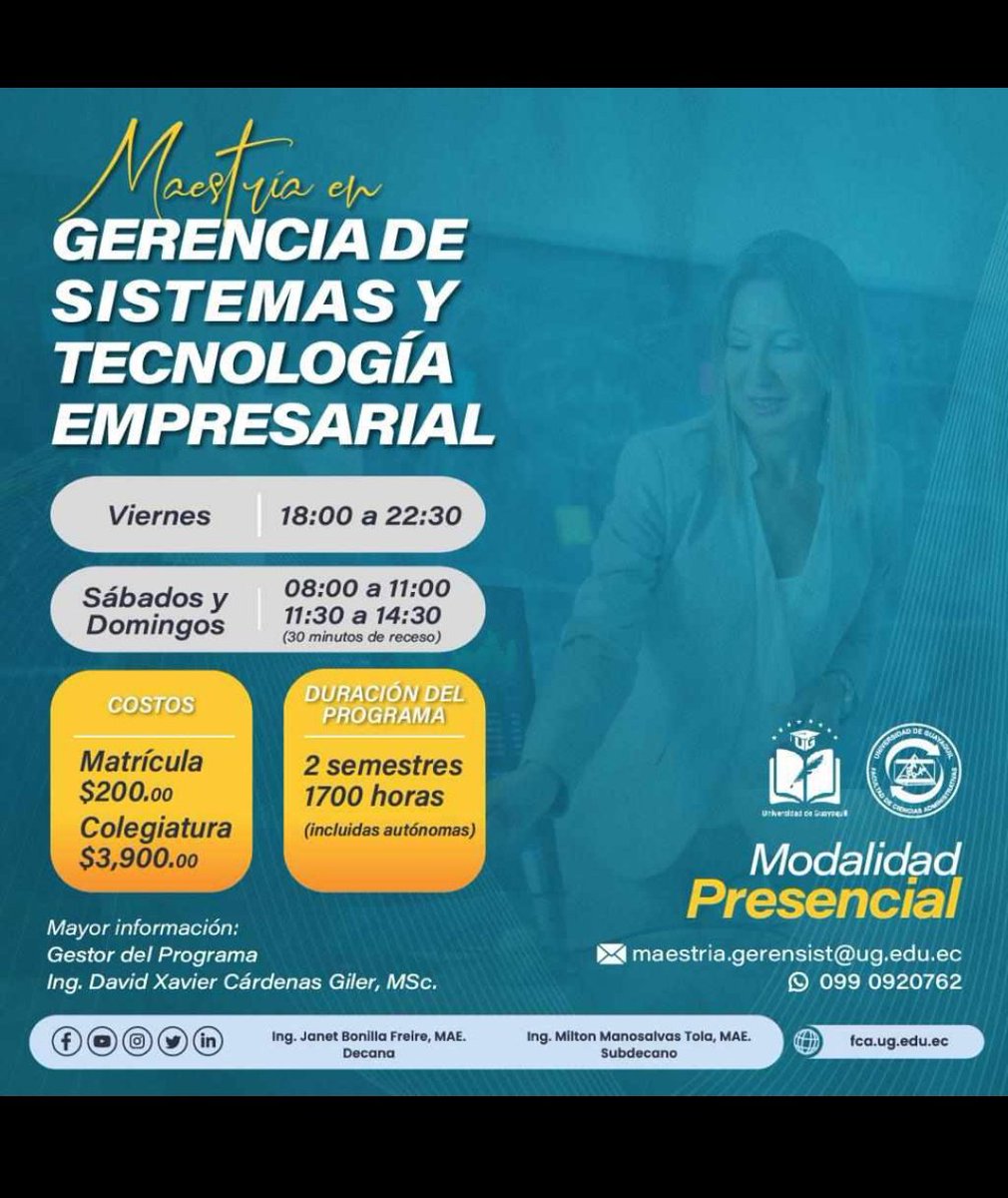 📍#CienciasAdministrativas
📍#UniversidadDeGuayaquil
📍#Guayaquil #Ecuador
📍#NoticiasUG #SoyFCAUG
📍#Maestria #GerenciaDeSistemas
📍#TecnologiaEmpresarial #TransformacionDigital
📍#InnovacionTecnologica #LiderazgoTI
📍#DesarrolloProfesional #FormacionProfesional