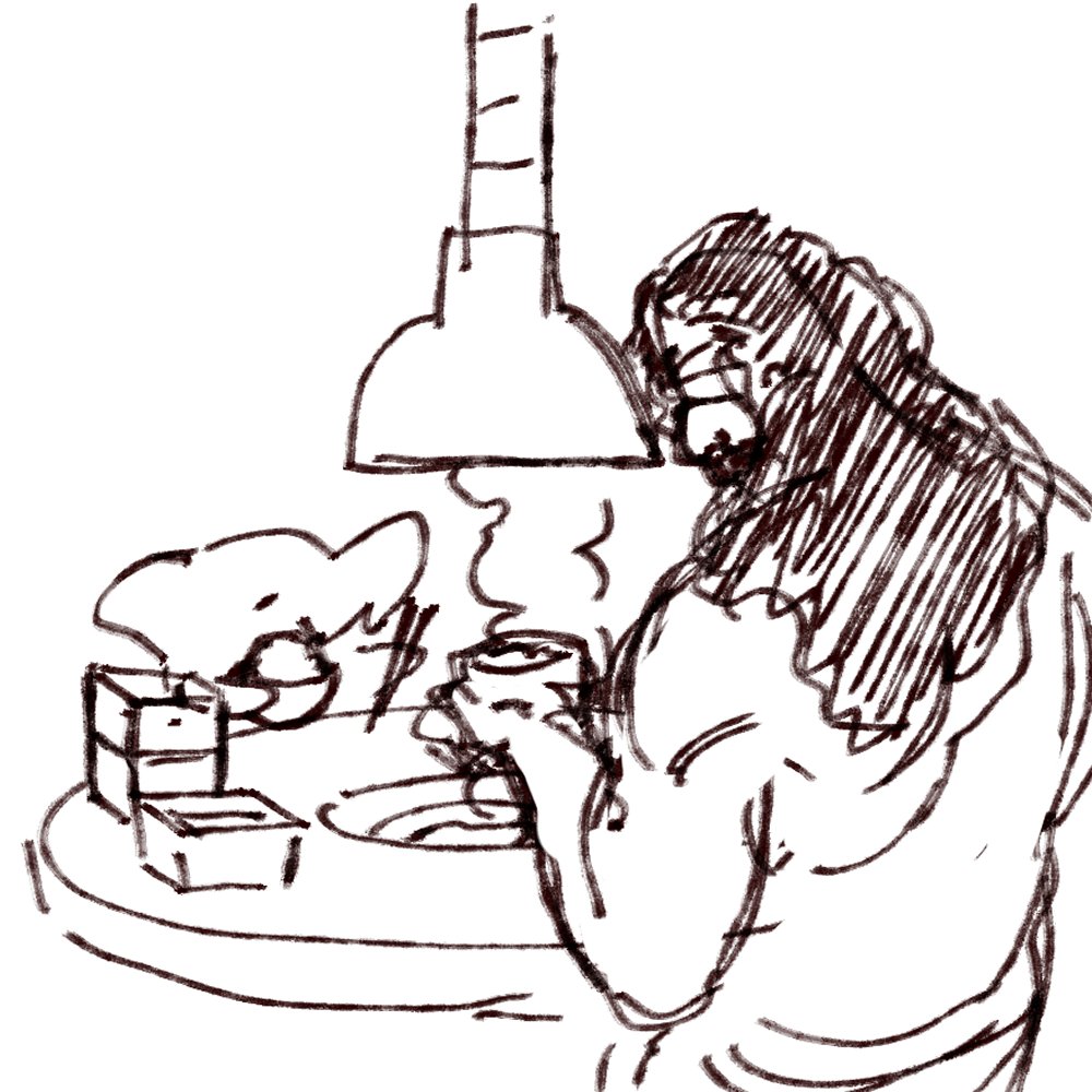 doodle of me and sisyphus having korean bbq cuz im hungry for both