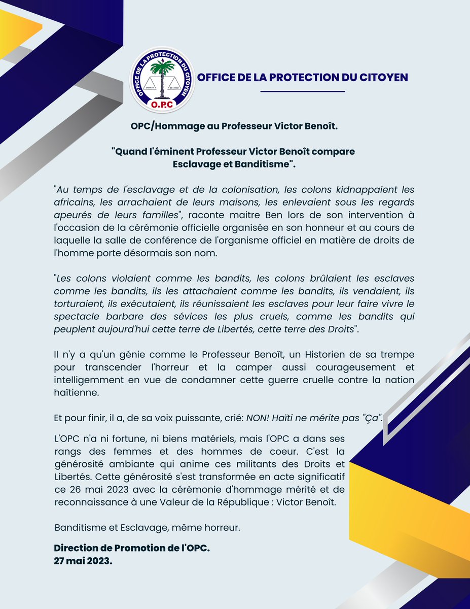 opchaiti's tweet photo. OPC - Actualité | OPC/Hommage au Professeur Victor Benoît. "Quand l'éminent Professeur Victor Benoît compare Esclavage et Banditisme". 
https://t.co/1lcuDNMX9Z https://t.co/annjLxTJ4z