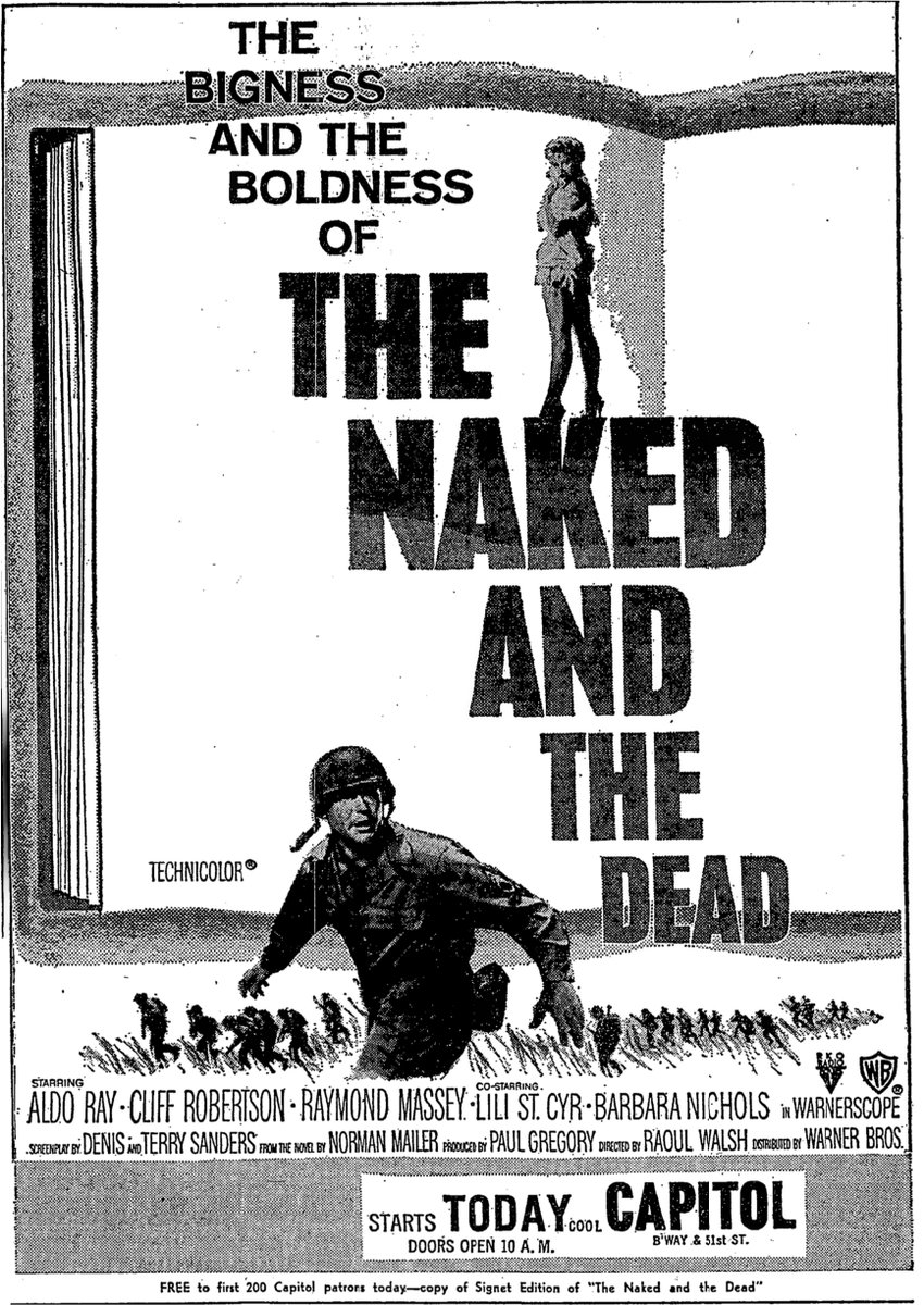 #TCM Memorial Day Marathon continues with #TheNakedAndTheDead starring #AldoRay, #CliffRobertson & #RamondMassey  The film opened in NYC at the Capitol Theatre on August 6, 1958. #TCMParty