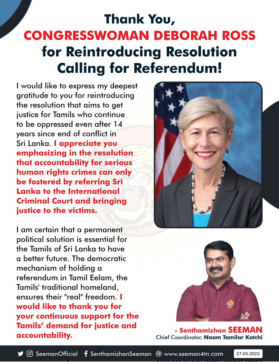 Thank You, Congresswoman Deborah Ross for Reintroducing Resolution Calling for Referendum! I would like to express my deepest gratitude to you for reintroducing the resolution that aims to get justice for Tamils who continue to be oppressed even after 14 years since end of