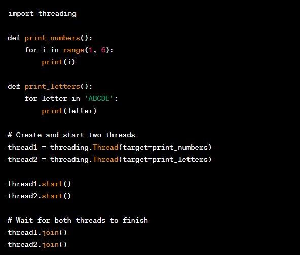 TechByteIQ's tweet image. 37/50 Code sample: ๐ฅ๏ธ
Shows an example of creating and starting two threads to concurrently print numbers and letters. ๐งต๐ #PythonConcurrency #ThreadingExample