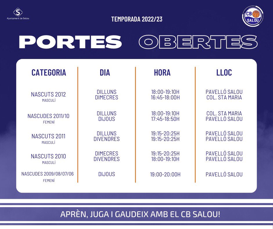 CbSalou's tweet photo. BASE | 📢 JUGA AMB NOSALTRES!

🏀 Si t’agrada el bàsquet vine a la nostra jornada de PORTES OBERTES del 29 de maig al 16 de juny 

⭐️Aprèn, juga i gaudeix amb el CB Salou⭐️

#SomBàsquet #SomSalou https://t.co/vj1krADm9P