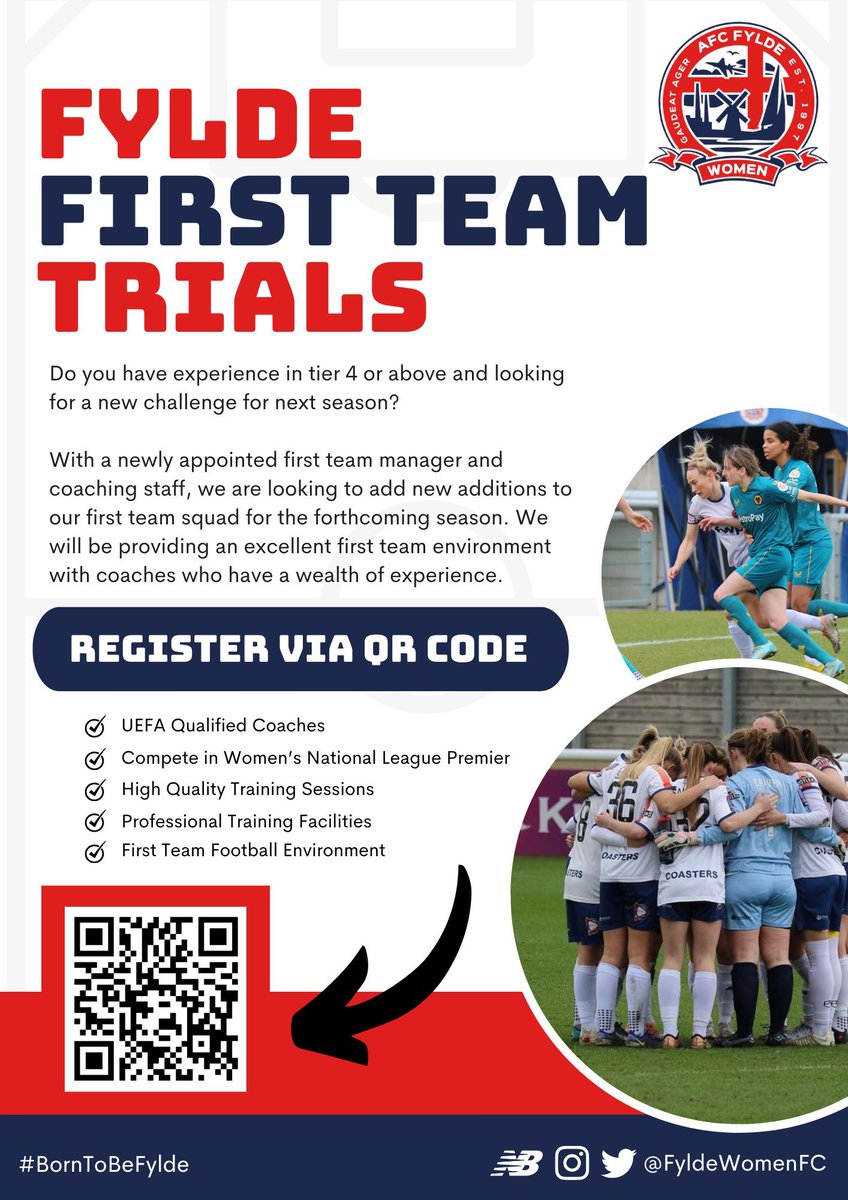 FyldeWomenFC's tweet photo. 🚨𝐓𝐫𝐢𝐚𝐥𝐬 𝐀𝐧𝐧𝐨𝐮𝐧𝐜𝐞𝐦𝐞𝐧𝐭🚨

Today is the final day to sign up for our first team trials. I’d you haven’t already signed up scan the QR code below for click the link and fill out the form ⬇️

https://t.co/nJGVDJVsjx

#BornToBeFylde https://t.co/eiSzw7iErS