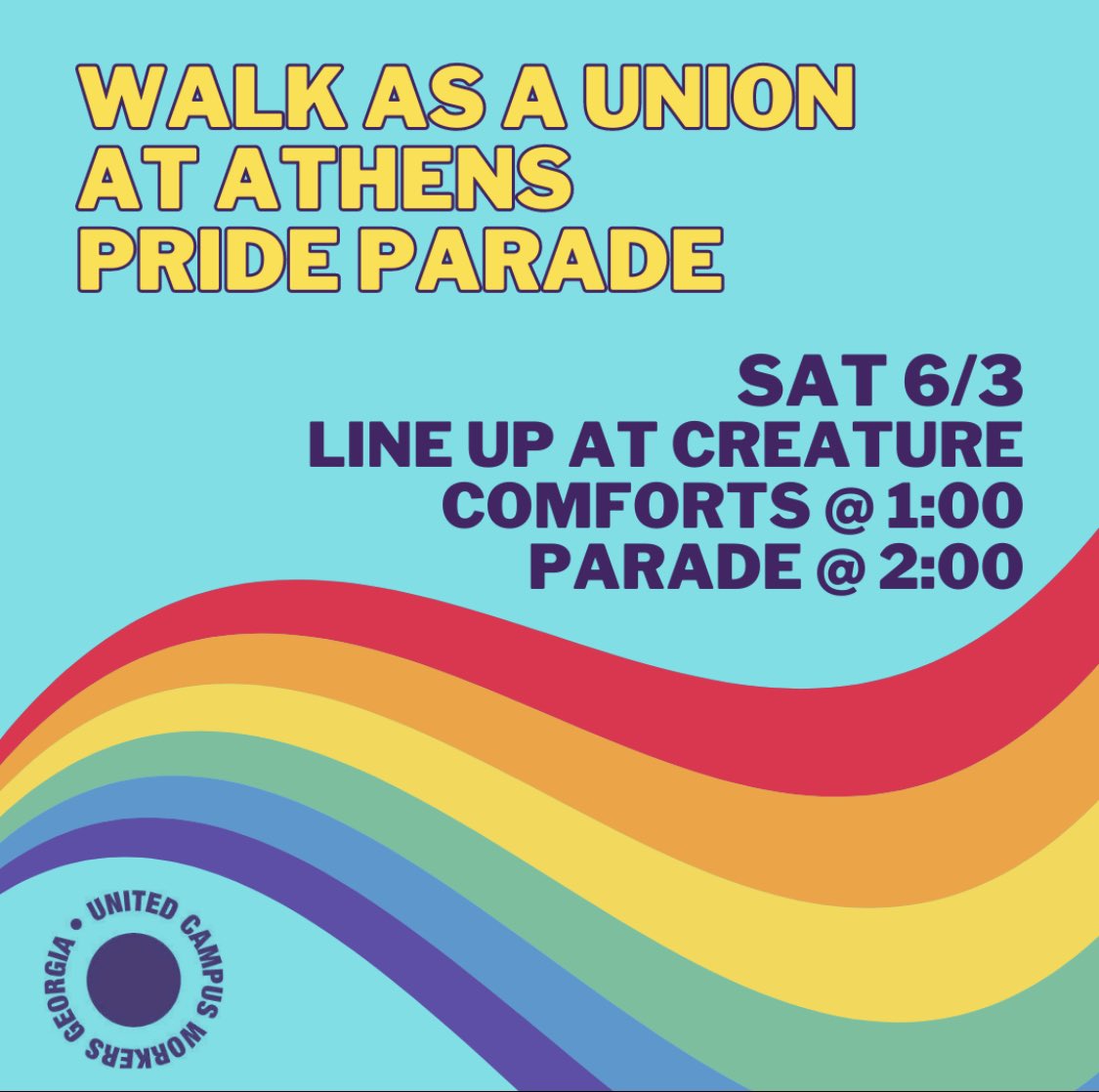 UcwgaUGA's tweet photo. Join us • THIS SATURDAY • June 3rd for the second annual Athens Pride Parade!

We’re lining up outside Creature Comforts at 1pm. Will we see you there?! https://t.co/HbIn44LA25