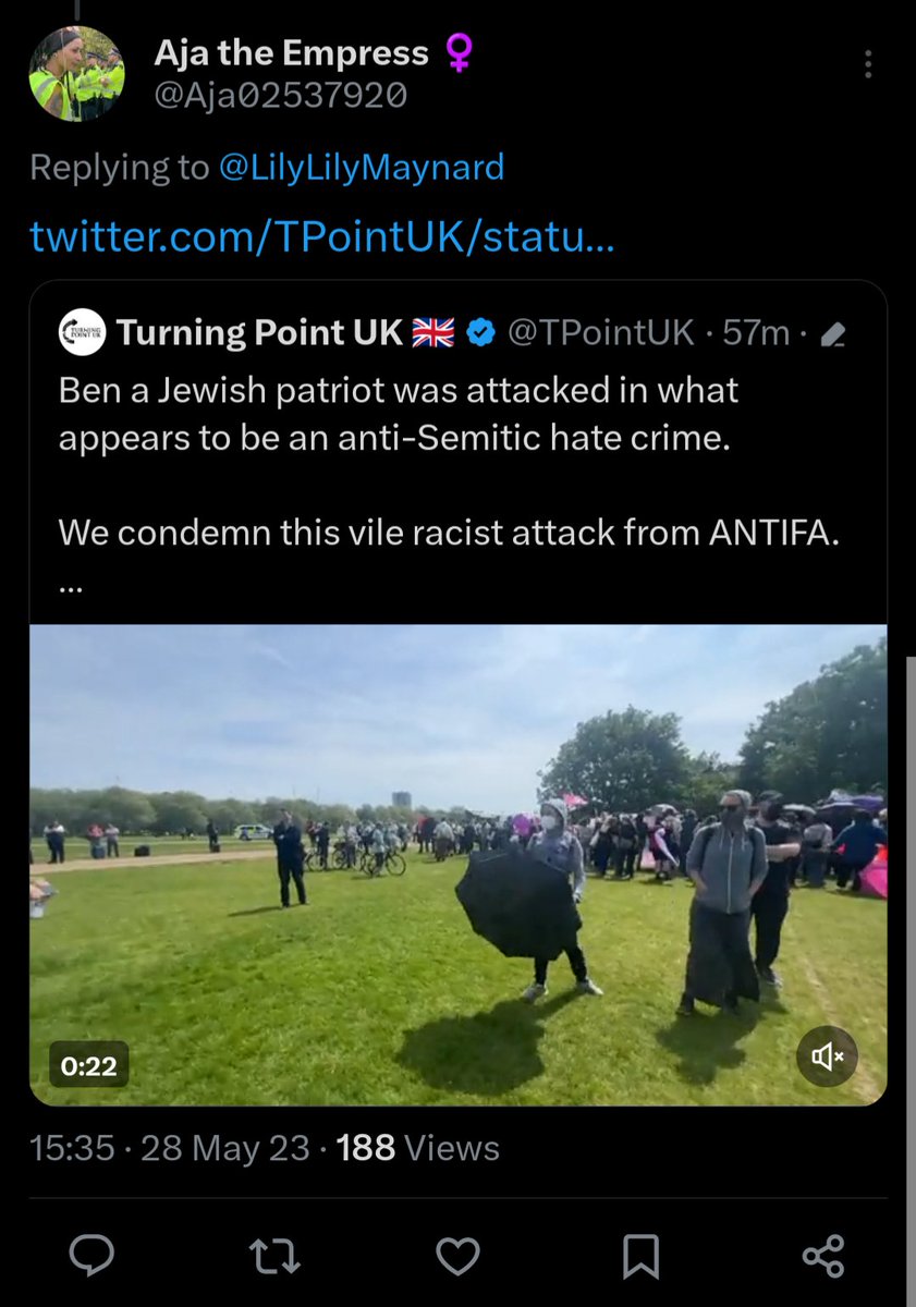 In case there was any mistake of whose side he is on, here is Aja, one of the organizers of the event itself sharing a post by far right org, Turning Point UK referring to this former EDL member as a "Jewish Patriot"