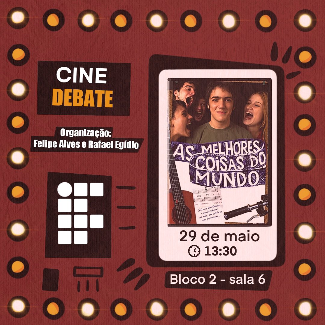 IFPLAY_Oficial's tweet photo. Segundou com filmão! O filme (As Melhores Coisas do Mundo) será exibido em uma sessão aberta nesta segunda-feira no Bloco 2 - Sala 6. 

Organizado pelos professores: 
@felipealvex e @egidio_leal 

#filme #cineescola #filosofia #debate #ifpr #institutofederal #if #cinemanaescola https://t.co/zmJfkvCFaW