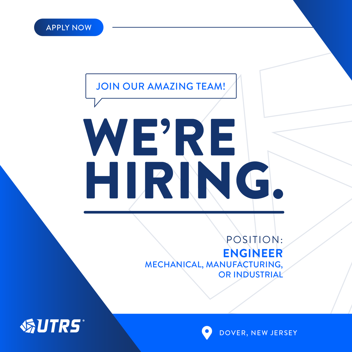 Are you looking to make a move in your career? 💼 Are you an Engineer – Mechanical, Manufacturing, or Industrial? Our innovative team is expanding! View and apply now: bit.ly/3JkRfy1 #careers #jobsearch #NJjobs #UTRS #engineer #mechanical #manufacturing #industrial