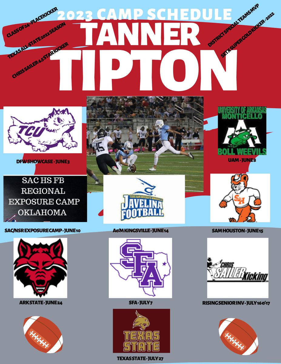 Summer Camps LOADED! #fullthrottle @TCUFootball @WeevilFootball @sac_tx @JavelinaFB @BearkatsFB @AStateFB @SFA_Football @Chris_Sailer @TXSTATEFOOTBALL @CoachJamesReyes @CMKicking @tylertipton43 @lumbertonathl1 @tophskickers @LoneStarPrepsTX @TXTopTalent