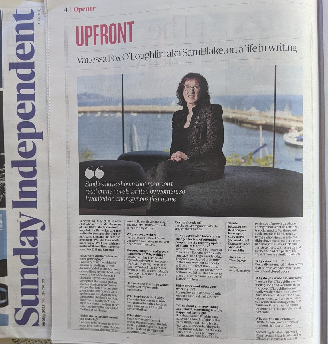 Here's the print version of Sunday Indo article & just look at that view - for anyone not local this shot was taken in the library in Dun Laoghaire @dlrLexIcon, isn't it magnificent? #lovelibraries

Coincidentally our venue 4 @SlaughterKarin eve on 20th June and @MurderOneFest 😊