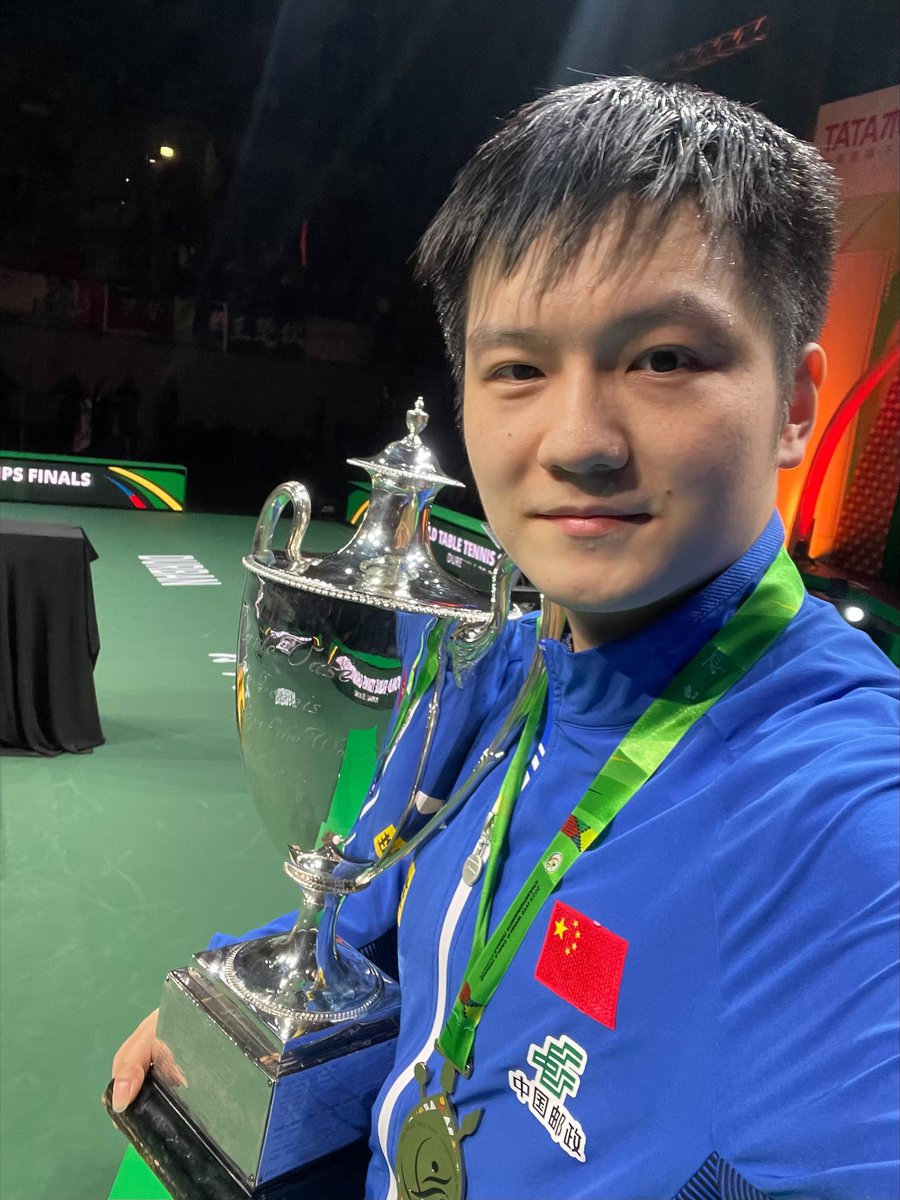WTTGlobal's tweet photo. Fan Zhendong shows us his #FLOKIWinningSpirit after he was crowned #ITTFWorlds2023 Men's Singles Champion 🏆 

#Durban2023 #TableTennis #PingPong https://t.co/LYKgnUzW9x