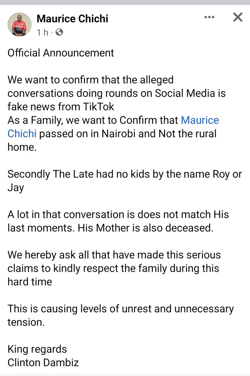 NgechuStan's tweet photo. @SokoAnalyst The communication from the family. Please delete your post https://t.co/h68Tb5qLv0