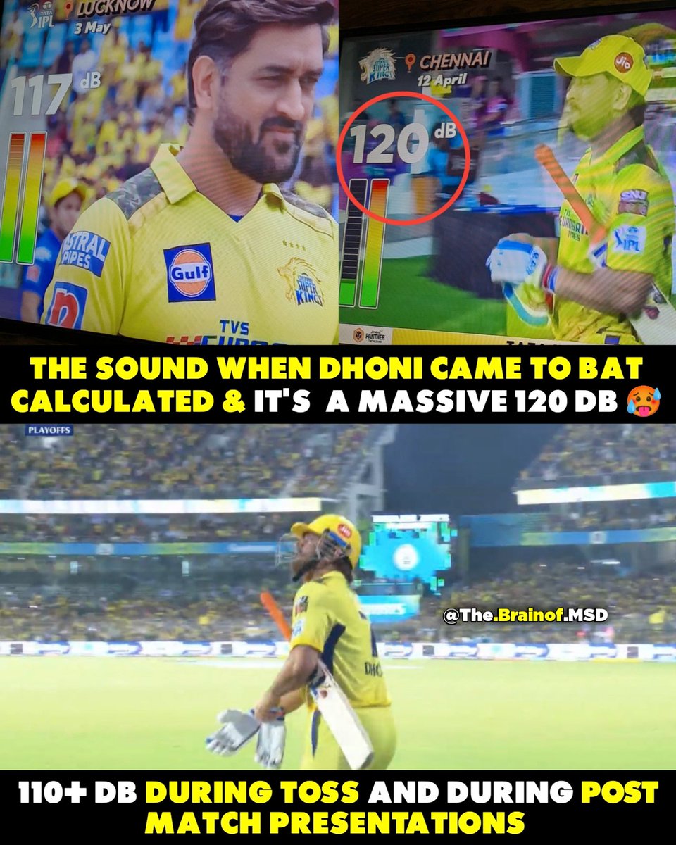TheDhoniEra's tweet photo. Massive 120 dB sound when MS Dhoni came to bat !! 🥵💥

@MSDhoni #IPL2023Final #CSKvsGT https://t.co/bstvYOvaRP