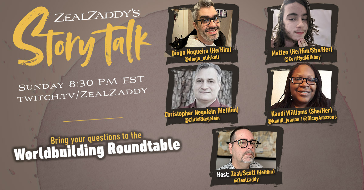ZealZaddy's tweet photo. Tonight at 8:30pm ET StoryTalk “Worldbuilding Roundtable!” with @diogo_oldskull @CertifydMilkboy @ChrisRNegelein @kandi_jeanne @DiceyAmazons – Bring questions!
https://t.co/pU5M3HybTf
#TTRPG #DnD #DnD5e #RPG #Pathfinder #Gamemaster #DungeonMaster #GM #DM #DMPrep #Worldbuilding https://t.co/e90wbzINAr