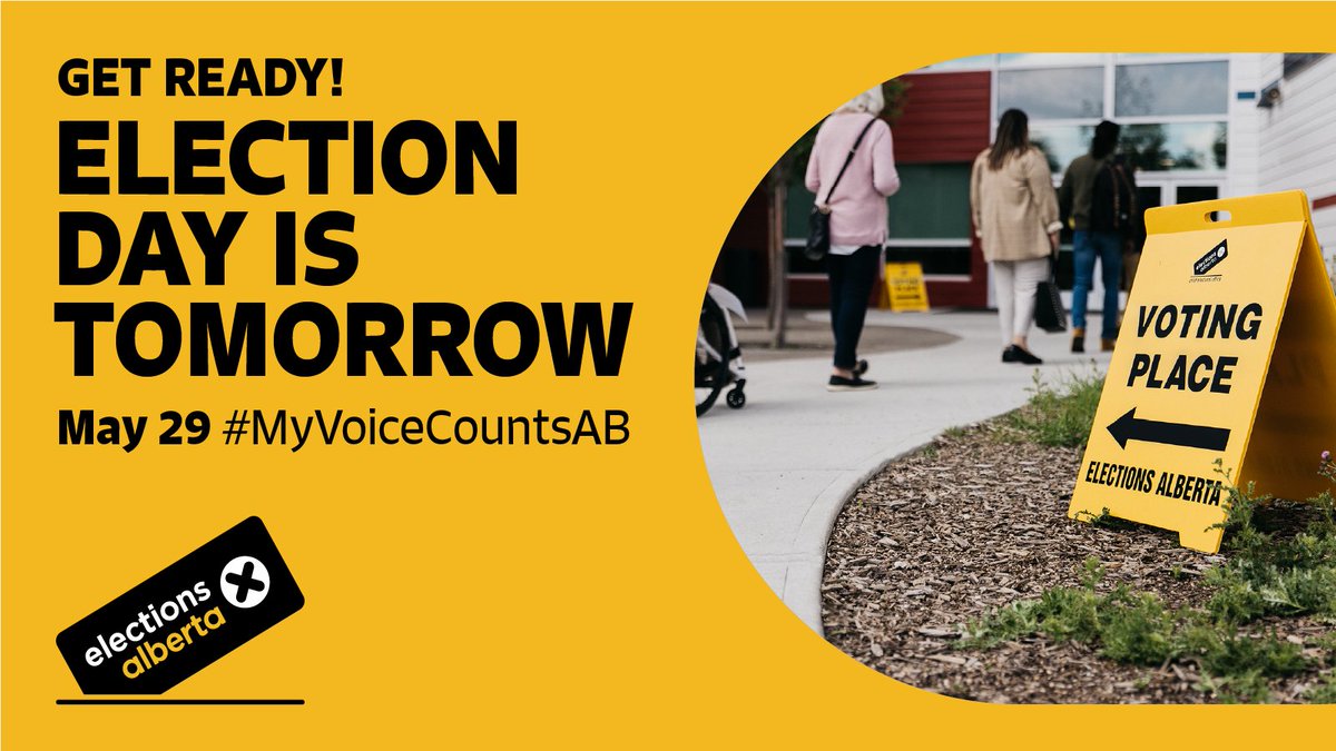 Hey Alberta, tomorrow is Election Day 🗳️

Make your voice heard, get out and vote. Voting locations will be open from 9:00 am to 8:00 pm. 

Find your voting location by visiting map.elections.ab.ca 📍

#MyVoiceCountsAB