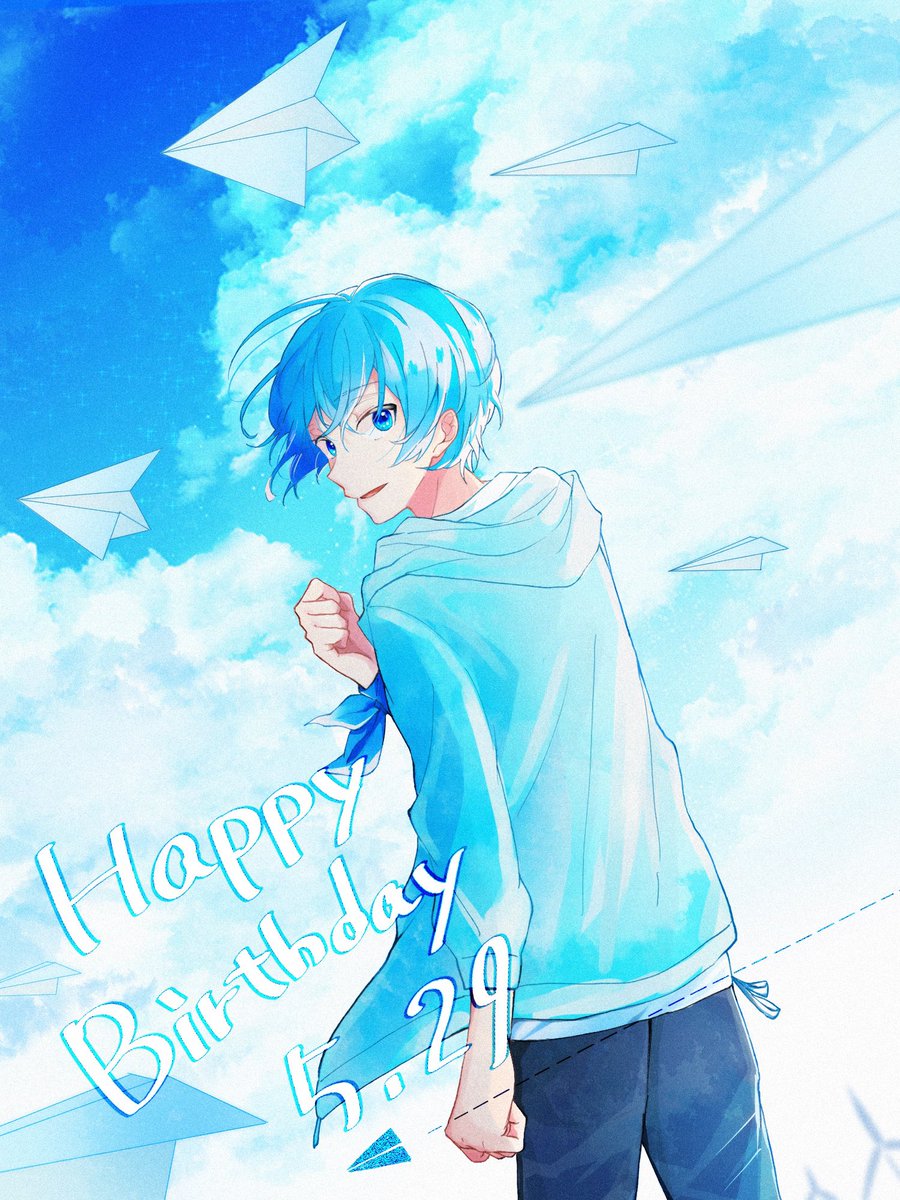 1boy male focus blue eyes happy birthday blue hair solo paper airplane  illustration images
