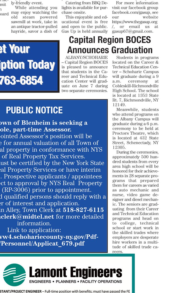 Thanks to the @MountainEagleNY for announcing our upcoming @CapRegionBOCES graduation dates and times. @BOCESofNYS @actecareertech @capregchamber