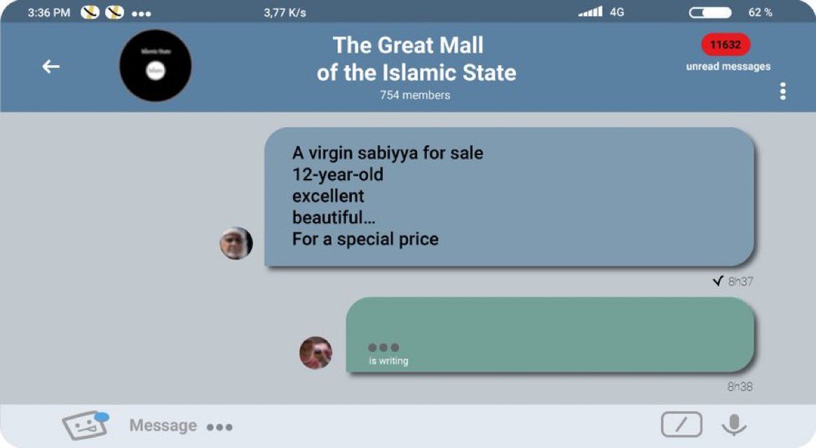 one of the online resale groups called « The great mall of the lsIamic state » where lSlS members could buy women or children had up to 754 members 
#IntlProtection4Yazidis