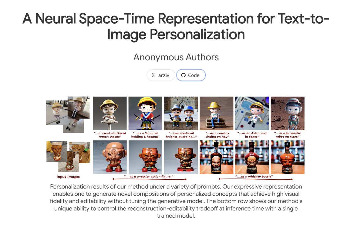 _akhaliq's tweet image. A Neural Space-Time Representation for Text-to-Image Personalization

explore a new text-conditioning space that is dependent on both the denoising process timestep (time) and the denoising U-Net layers (space) and showcase its compelling properties. A single concept in the…