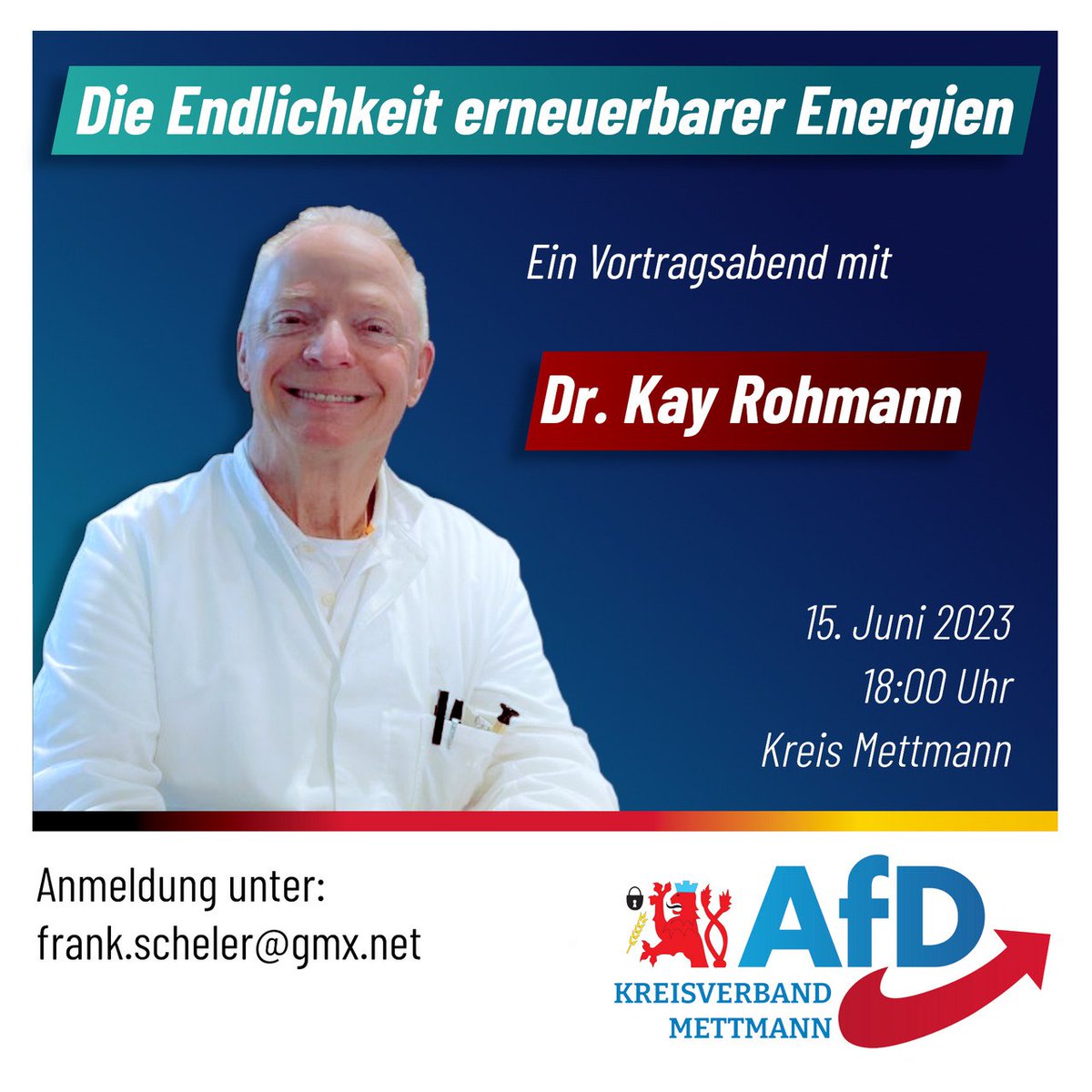 Am 15.6. besucht uns der Leiter im Landesfachauschuß 7 »Umwelt, Landwirtschaft, Natur- und Verbraucherschutz« Dr. Kay Rohmann aus Düsseldorf, um über die Endlichkeit erneuerbarer Energien zu referieren.

Interessenten können sich über eine formlose Mail an Frank Scheler anmelden.