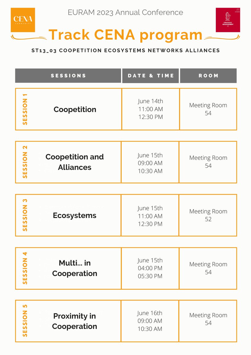 Are you ready for <a href="/EURAM_BXL/">EURAM</a> annual conference? Did you check the program yet? 
🔔 We will have 5 #CENA sessions this year! You can find all the details here below.
Can’t wait to see you in Dublin for #EURAM2023
