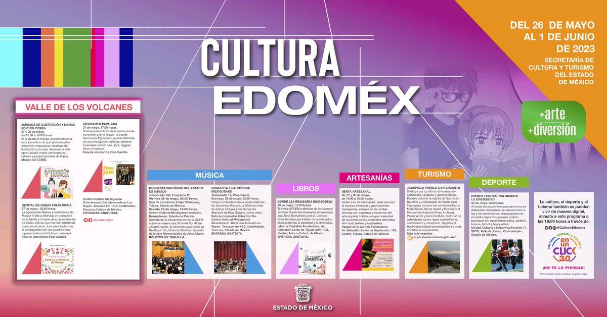 Compartimos la #CarteleraCultural de @CulturaEdomex y disfruta de las actividades artísticas, turísticas y deportivas. Mantente informado con el noticiero #CulturaAMX, de lunes a viernes a las 16:00 horas por los canales 34.1 y 34.2 de @MexiquenseTV.