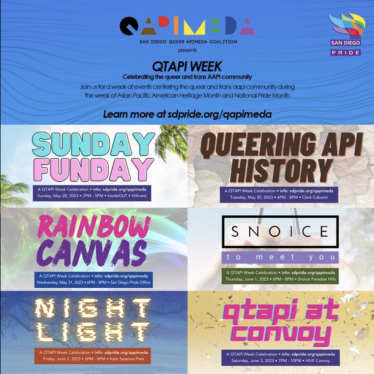 It's QTAPI week which is an opportunity to celebrate the LGBTQ+ AAPI community. This week of celebrations in San Diego will cap off #AAPIHeritageMonth and #NationalPrideMonth 
Visit sdpride.org/qapimeda/ for more information on all the events.