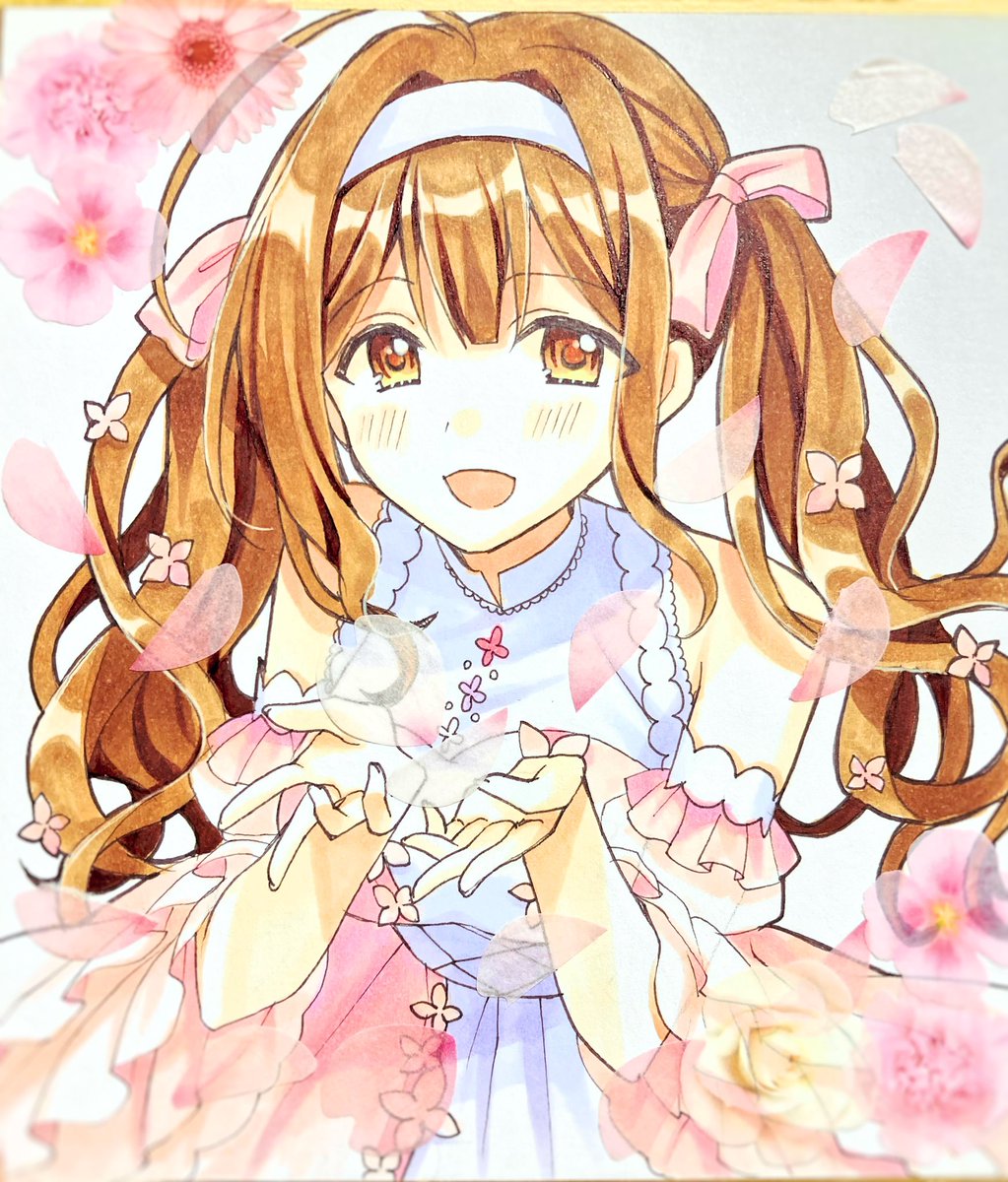 kuwayama chiyuki 1girl ahoge twintails brown hair solo dress petals  illustration images