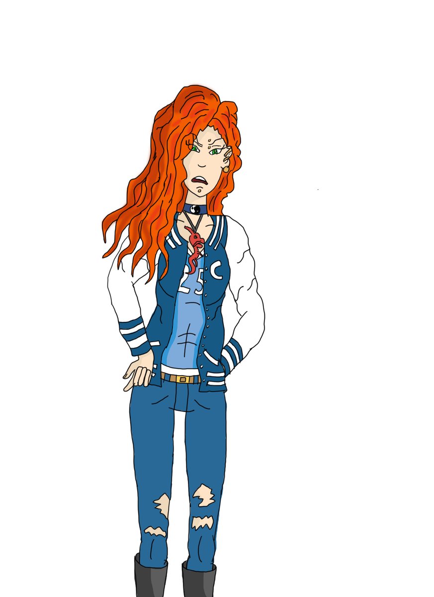 been a while but i'm back posting artwork not i'm finish college and free and to star back is a other one of Chloe Dawkins i did for my FYP #ocartwork #varsityjacket #artistsontwitter  #gingerhairgirl #dragons #redheadgirl #comicart #lacrossegirl