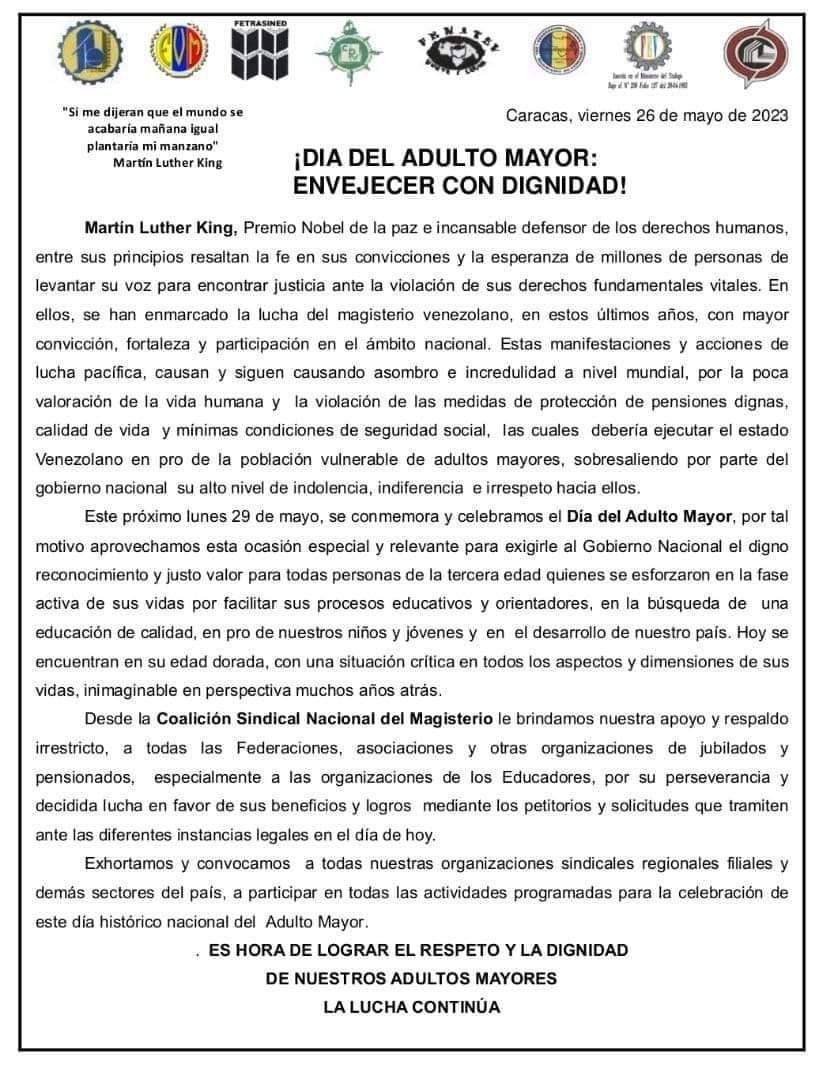 #SalarioIgualCanastaBásica
#SalarioConstitucional
#NuestraLuchaEsGremial
#SalarioJustoYa
#Art91CRBV #Art89CRBV
#PensionesDignas #Protesta
#SalariosYPensionesIndexadosYa
#SalarioConPoderAdquisitivo
#RespetoALosDerechosLaborales #DignidadMagisterial
 cutt.ly/16ytSeY