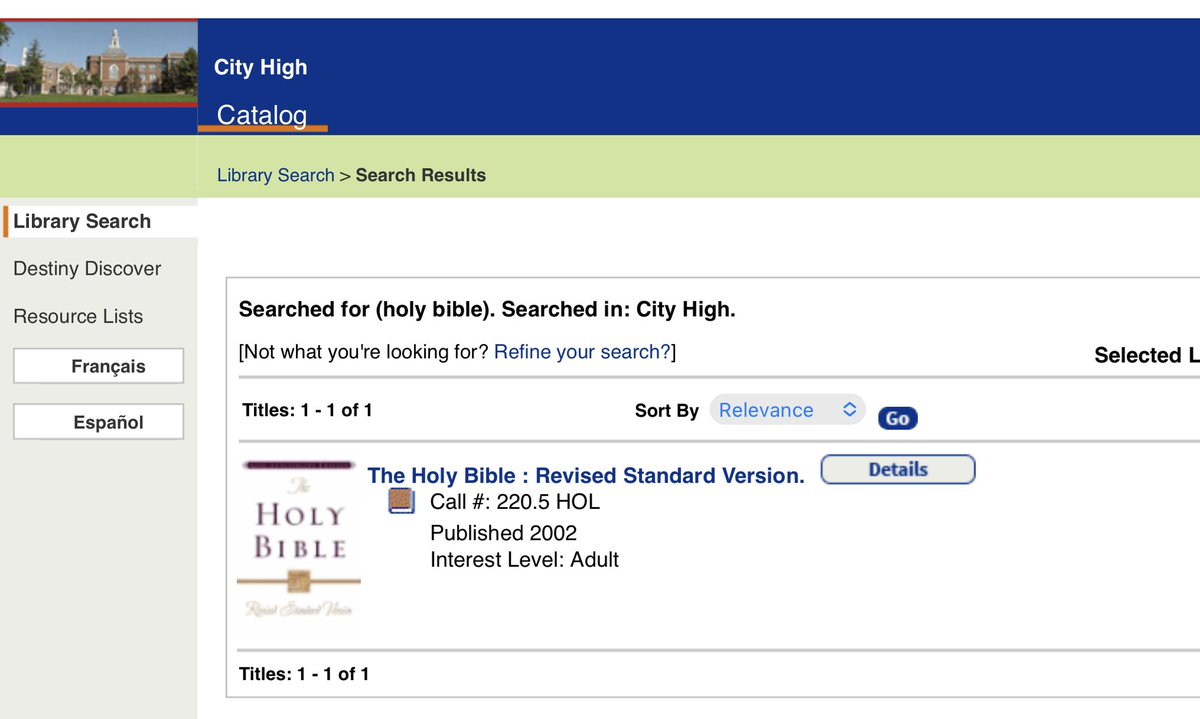 @JohnWay10127572 @LauraRBelin @IAGovernor The online catalog for all Iowa City Community School District libraries are available to anyone, so I checked. Yep. The Bible is listed.

iccsd.follettdestiny.com