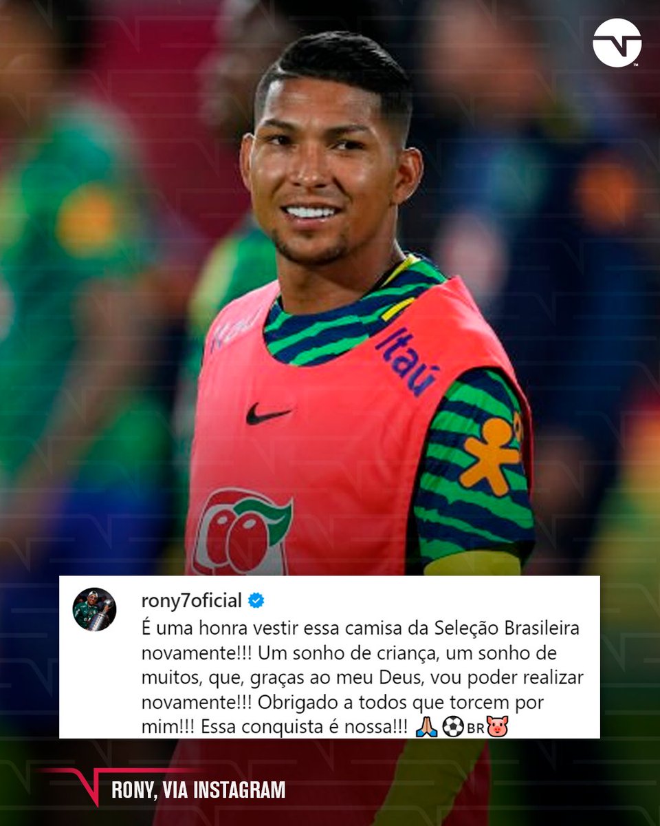 'UM SONHO QUE VOU REALIZAR NOVAMENTE' 🥹👏 Rony comemorou demais a convocação pra defender a #SeleçãoBrasileira nos amistosos contra Guiné e Senegal. A Amarelinha mexe com todo mundo, não tem jeito! 🇧🇷💚💛