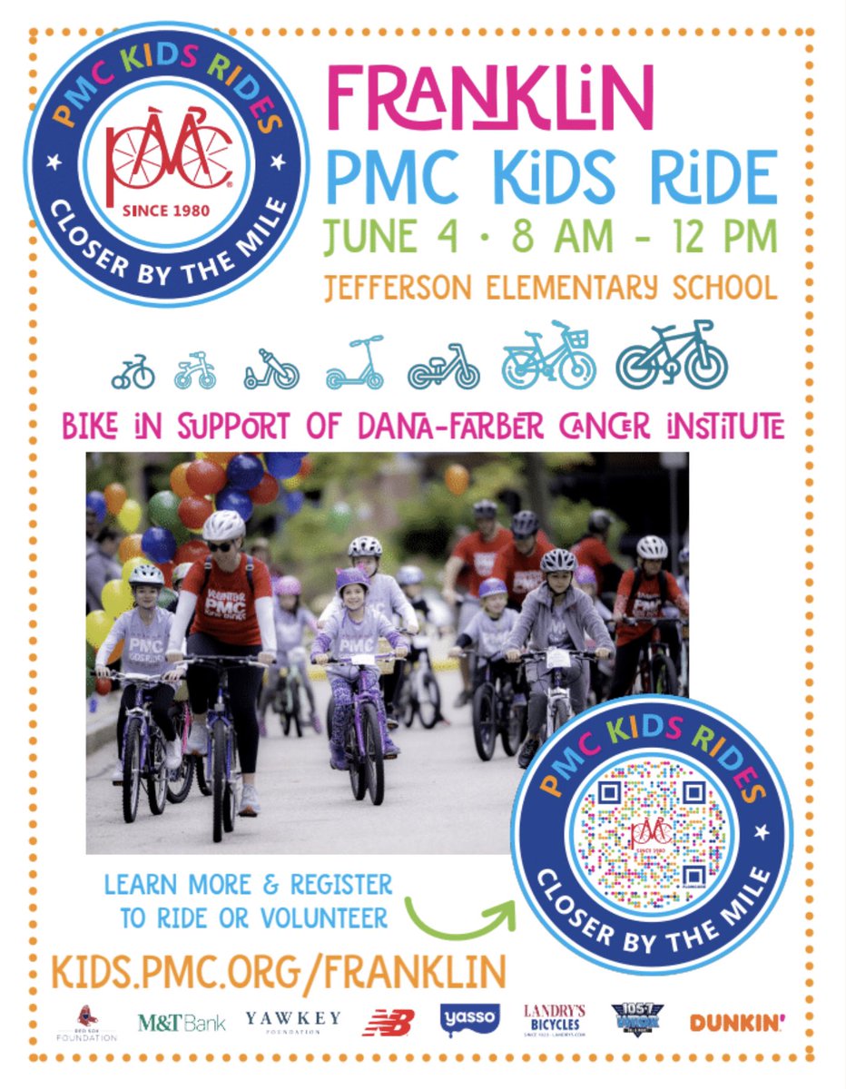 WE ARE 1 WEEK AWAY! Join us next Sunday for the Franklin PMC Kids Ride benefiting <a href="/danafarber/">Dana-Farber</a>. We come together as a community to raise awareness and funds to crush cancer. You don’t have to live in Franklin, so share with family and friends. Sign up today! 🚴
<a href="/FranklinMatters/">Steve Sherlock</a>