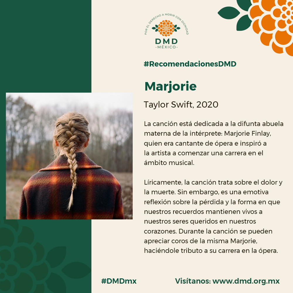 #RecomendacionesDMD Marjorie (Taylor Swift, 2020) La canción describe el dolor y la culpa que la intérprete sintió por la muerte de su abuela, Marjorie Finlay. Además habla sobre cómo los recuerdos, mantienen viva la memoria de los difuntos. Escúchala en: bit.ly/3o0jXfj