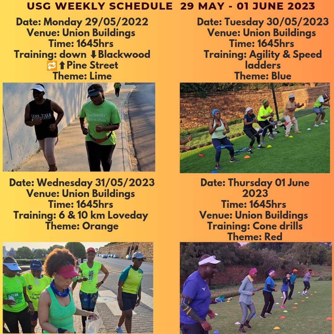 Unique Squad Schedule 

Monday - Thursday 
Dates: 29th May - 01th June
Time: 17:00 - 18:00

#FitnessWithUniqueSquad
 #RunningWithSoleAC #BudgetInsurancexRunningWithSoleAC #RunningWithTumiSole
#IChoose2BActive 
#FetchYourBody2023
#IPaintedMyTraining