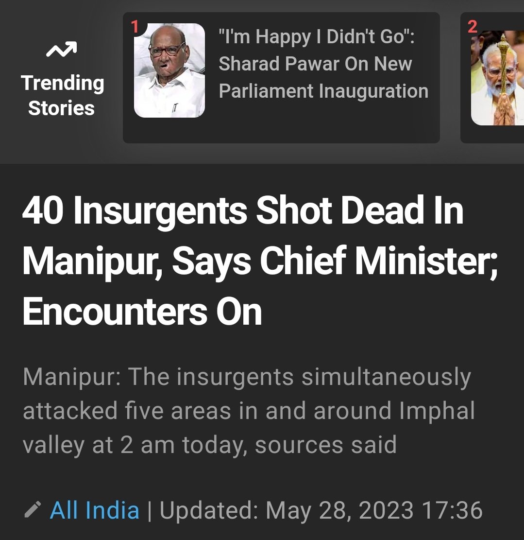Meanwhile Manipur 

40 people lost their lives in #Manipur during the dance of democracy in Delhi.
The Chief Minister confirmed this.

#ManipurOnFire #manipurisburning #ParliamentNewBuilding 
#SaveManipurTribals
#WrestlerProtest