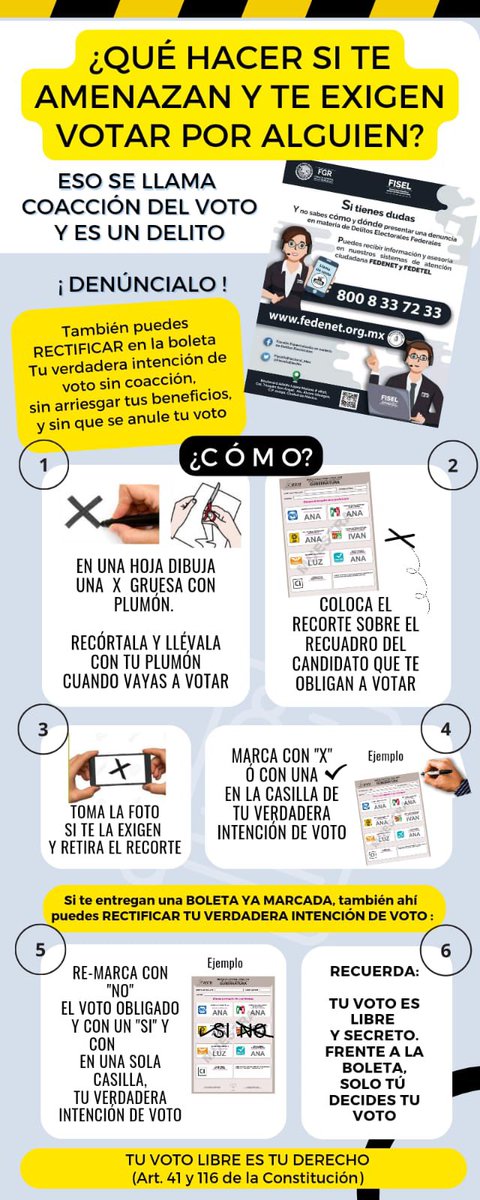 ¿Te están obligando a votar por algún candidato y te piden que mandes foto de la boleta?

Eso es un *delito electoral* contra el voto libre, secreto, universal e intransferible.
*Debe denunciarse*

Aquí una estrategia para darle la vuelta 👇🏻