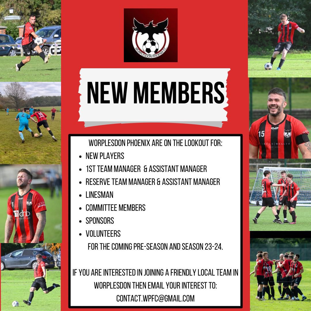 🚨CLUB NEWS🚨 Worplesdon Phoenix FC are now planning for the new season & are looking to fill a variety of positions within the Club as well as new players for season 2023/24. To register your interest please email 📧 contact.wpfc@gmail.com 🔴⚫️🔵⚫️ #UTP