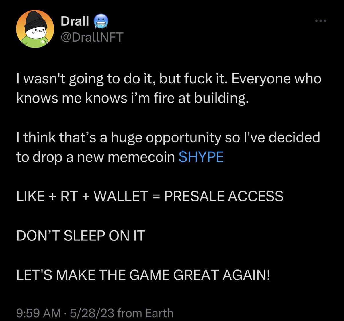 nftscamtracker's tweet photo. Let’s talked about @DrallNFT the scammer… 

Spreading awareness before they drop their next scamcoin ($VIBE) was going to be $HYPE but that post was deleted. 

Let’s start with why I was tracking this weasel in the first place. 
🧵 https://t.co/Qs34x1g1Gs